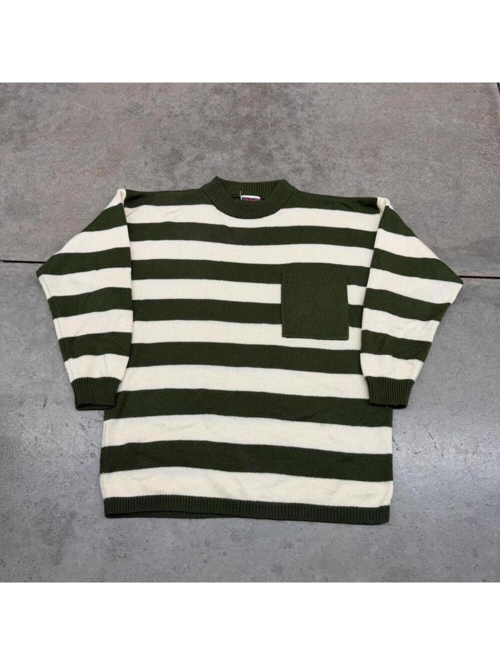 vintage green and beige striped knit sweater size large